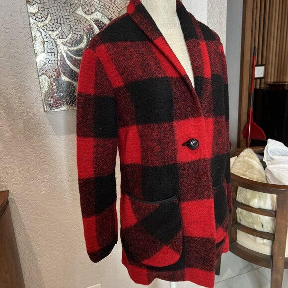 Wilfred Free Red & Black Buffalo Plaid Wool-Blend Open Blazer Coat Pockets size - Picture 3 of 6